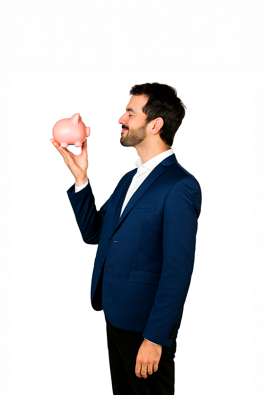 Hombre adulto sonriente besando una hucha con forma de cerdito, simbolizando ahorro en gastos de empresa