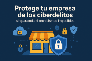 Ilustración de una pequeña empresa protegida por escudos y candados digitales en un entorno tecnológico.