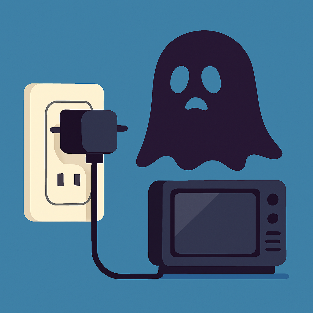 “Electrodomésticos enchufados con una sombra fantasma representando consumo invisible”