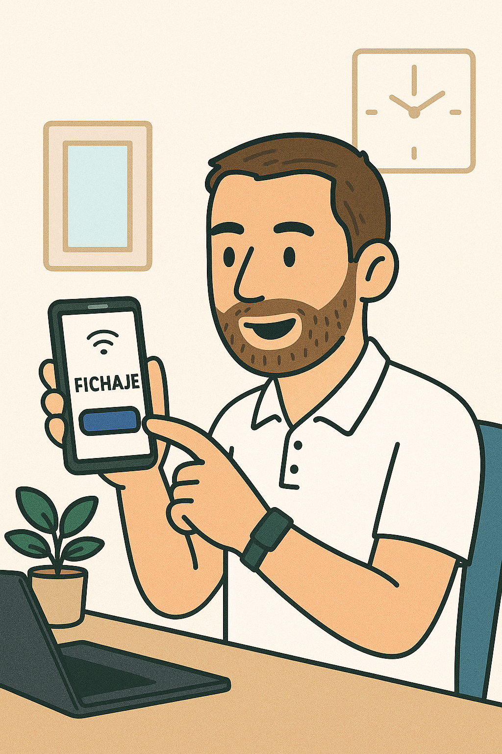 Empleado registrando su jornada laboral con sistema de fichaje digital desde un móvil