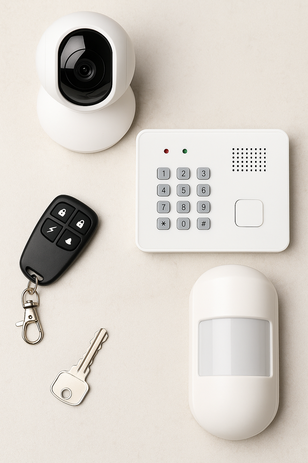 Sistema de alarma moderno con cámara de seguridad, panel de control, detector de movimiento, mando a distancia y llave, sobre fondo neutro.