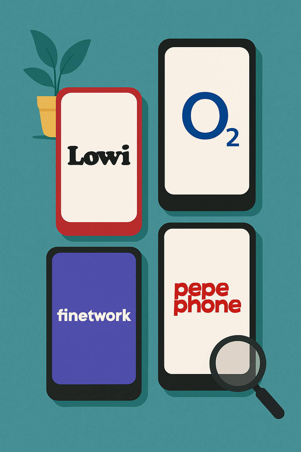 Ilustración digital con los logos de Lowi, Pepephone, O2 y Finetwork sobre smartphones, representando las mejores compañías móviles en España en 2025.