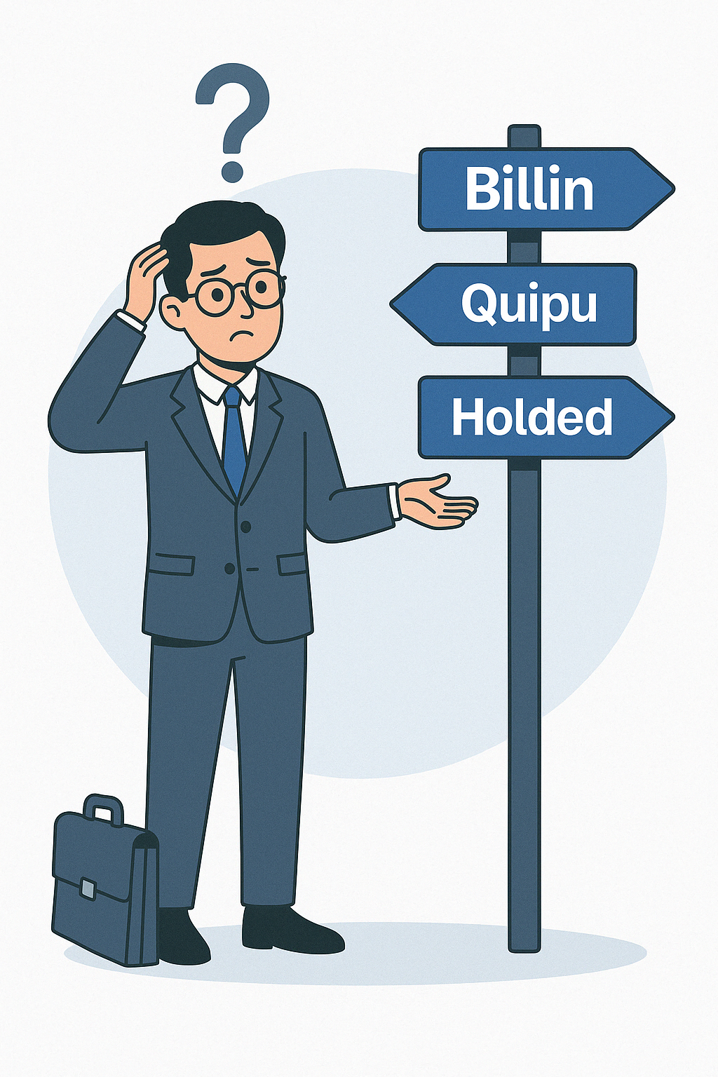 Hombre de negocios confundido mirando señales con opciones de software de facturación: Billin, Quipu y Holded