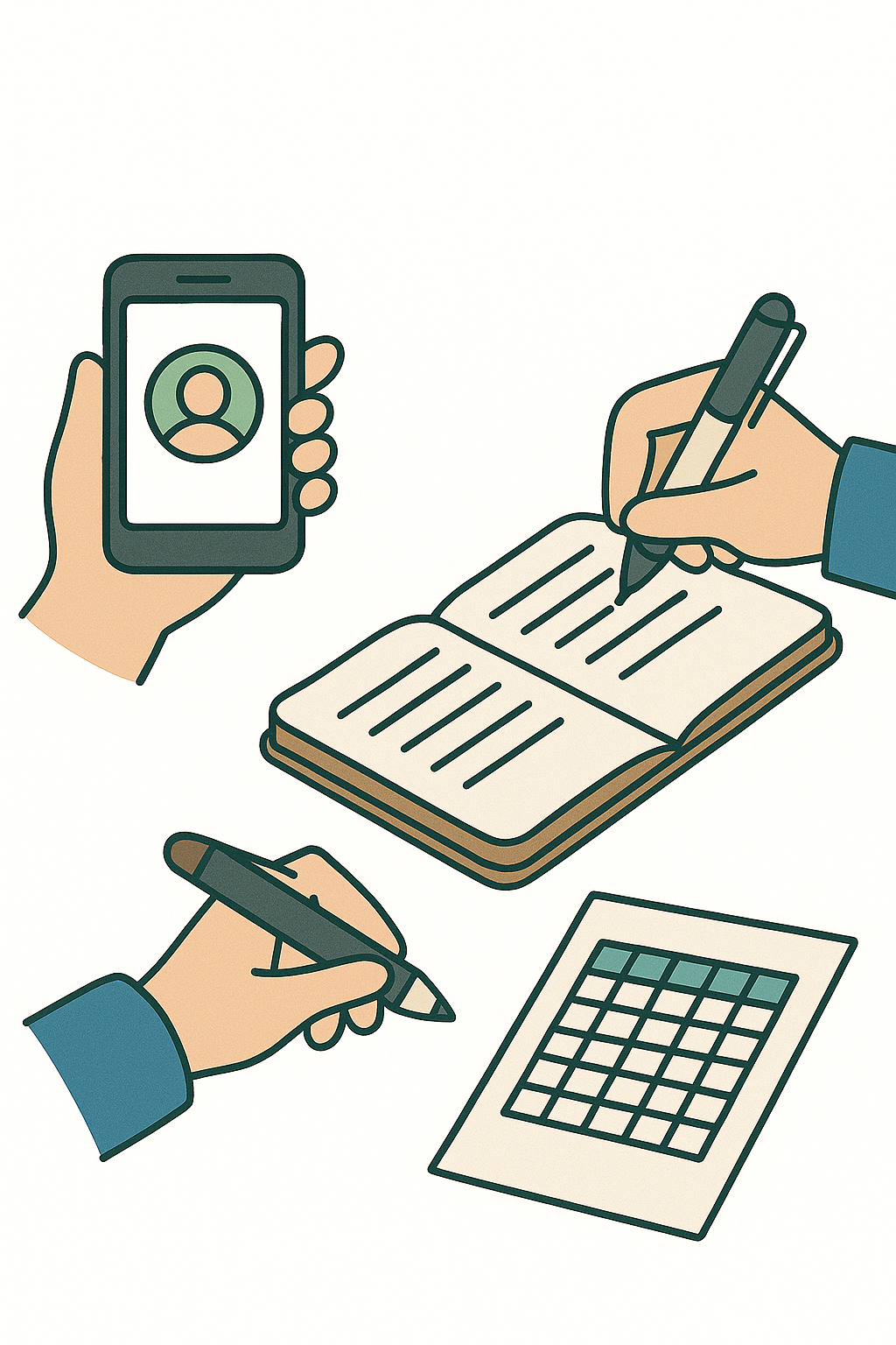 Ilustración de métodos antiguos de fichaje como libreta, Excel y móvil