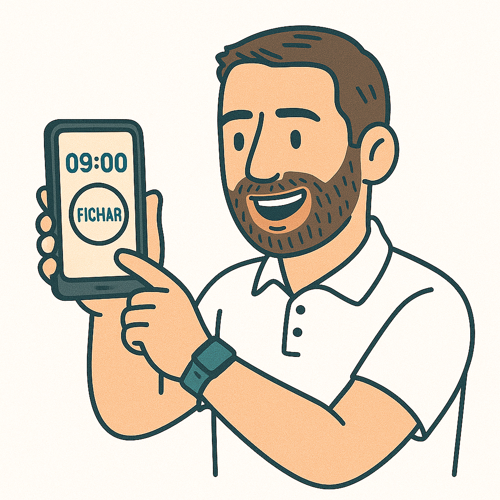Hombre fichando con el móvil usando una app de control horario digital