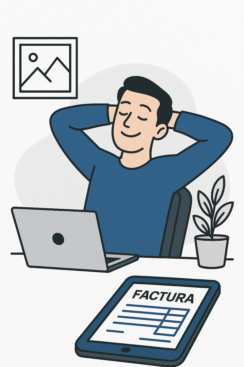 Persona relajada trabajando con su portátil tras adaptarse a la factura electrónica con un software fácil y legal