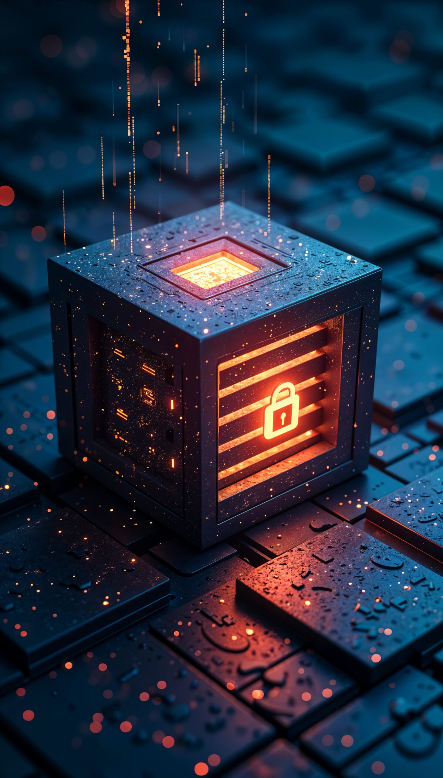 Ilustración de servicios cloud conectando dispositivos de empresa con seguridad, inteligencia artificial y análisis de datos sobre fondo tecnológico azul.