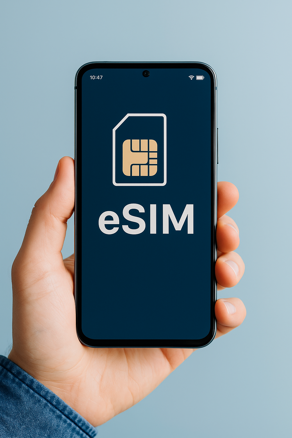 Persona usando un smartphone con eSIM activada en pantalla