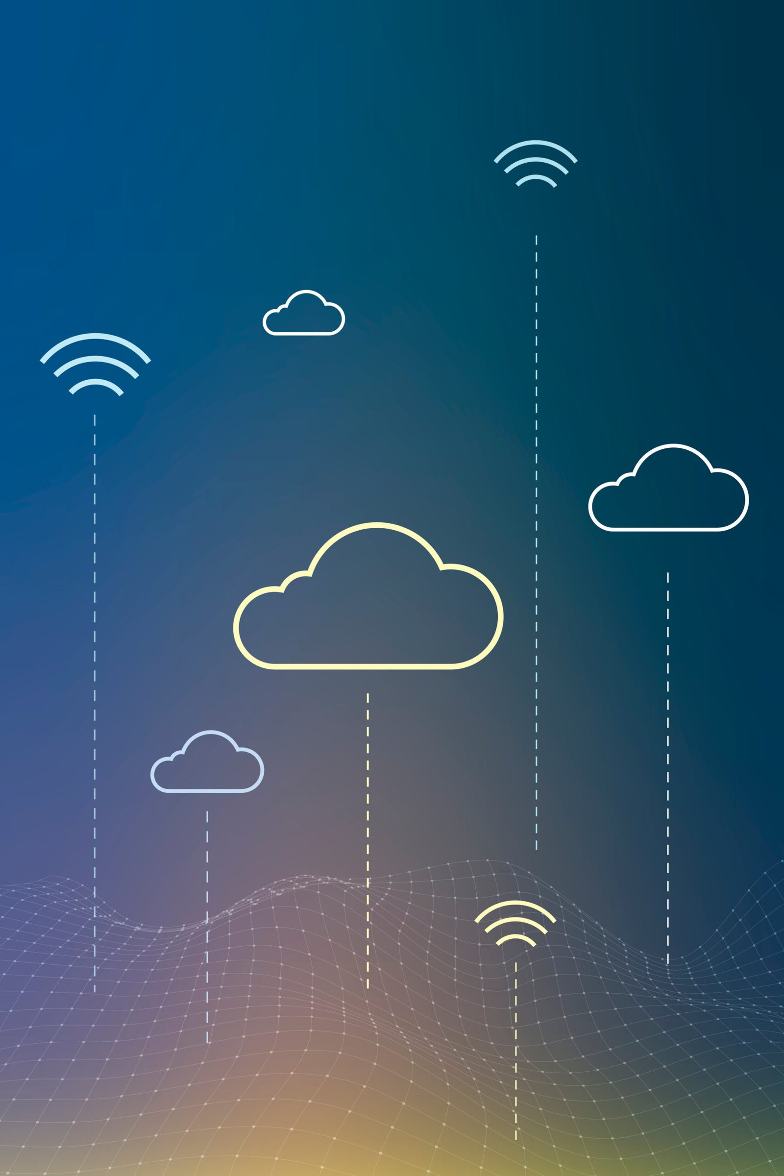 Ilustración de servicios cloud empresariales conectados a una nube central, representando almacenamiento, correo, análisis de datos y apps.