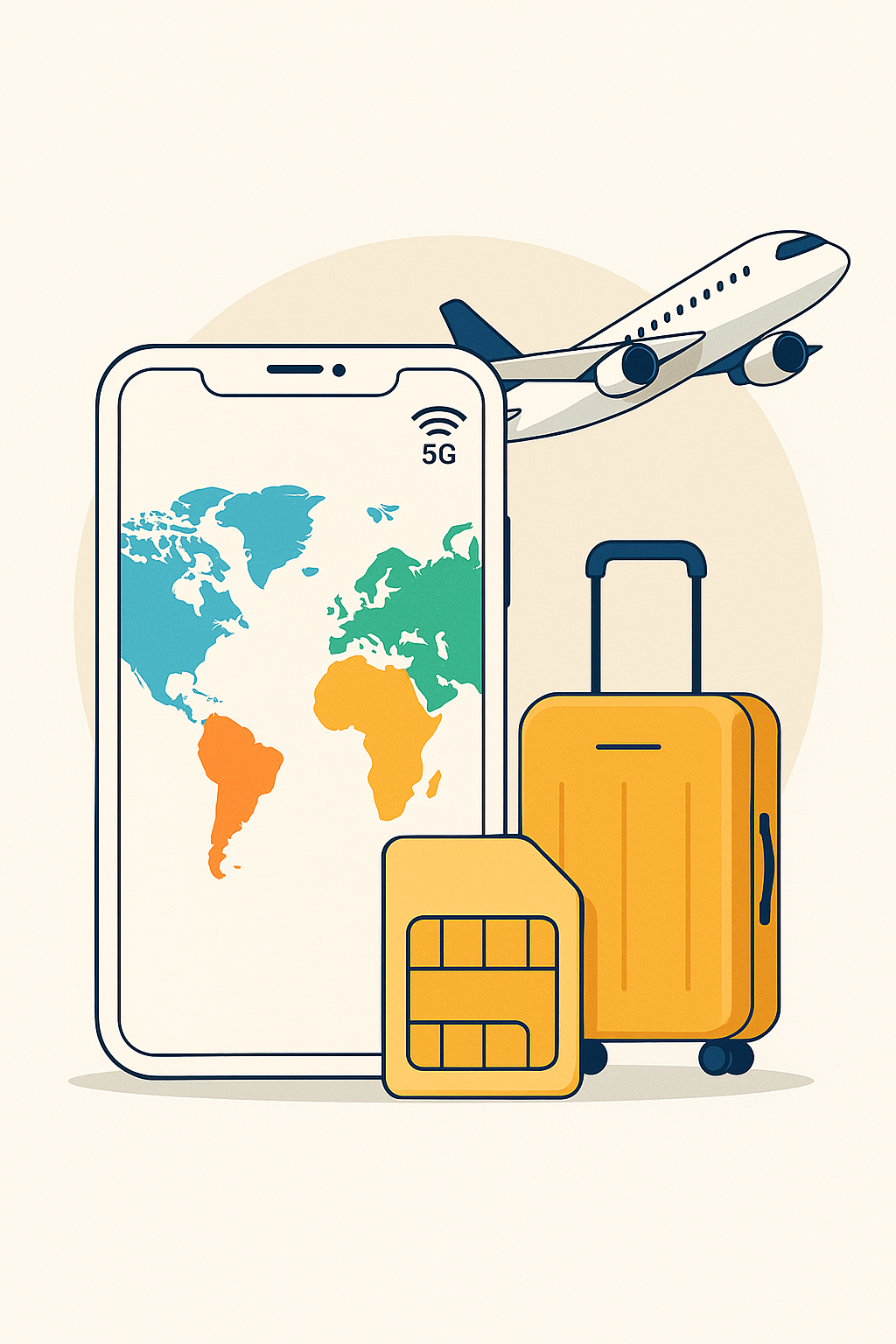 Ilustración digital de smartphone con mapa mundial en pantalla, SIM blanca, maleta y símbolos de conectividad 5G para representar el roaming internacional.