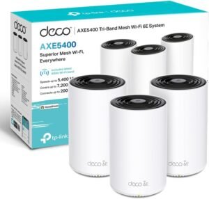 Foto del sistema TP-Link Deco XE75 con tres nodos, ideal para ampliar cobertura WiFi en casas grandes.