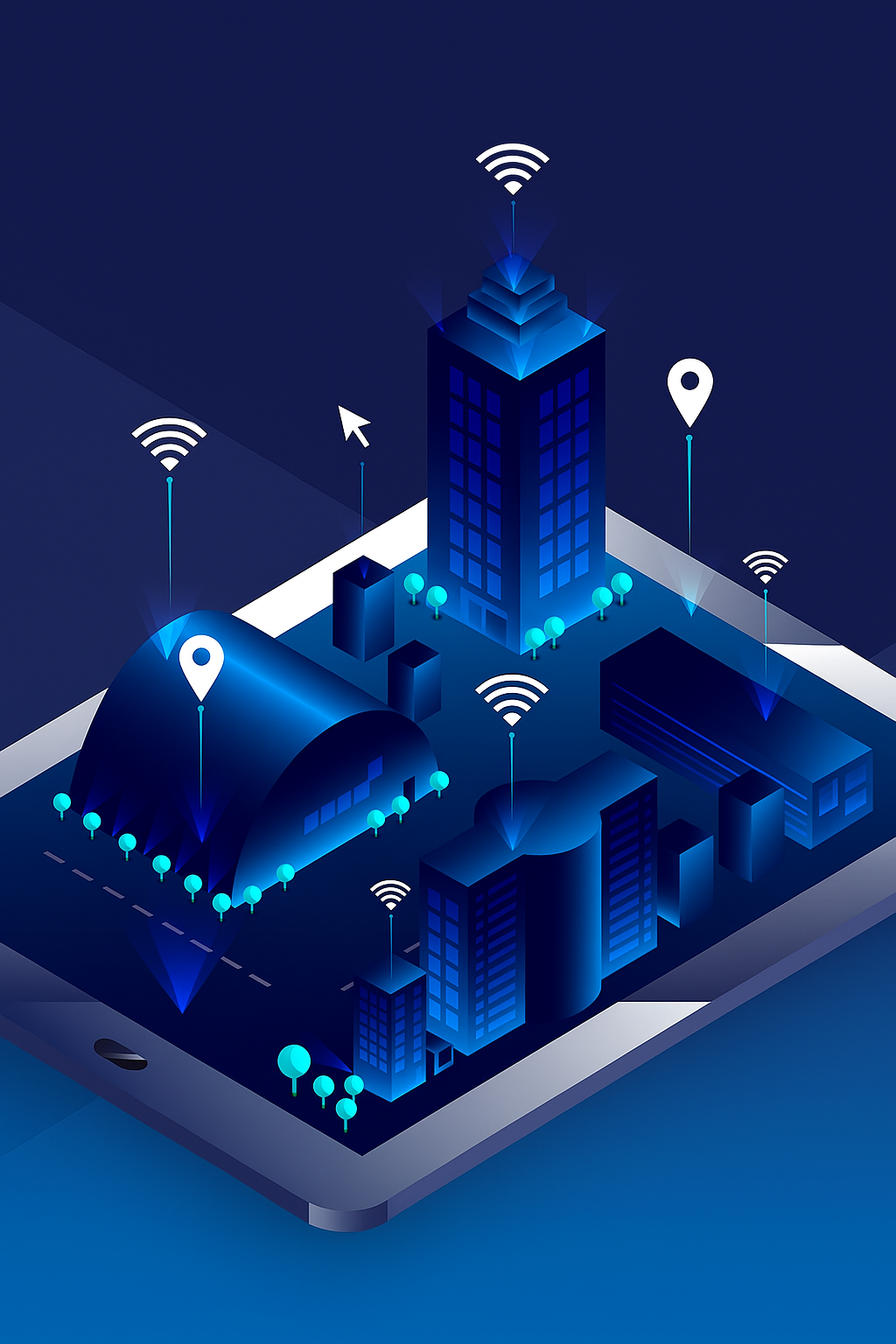 Ilustración isométrica de una ciudad inteligente emergiendo de una tablet con íconos de señal WiFi conectando edificios.