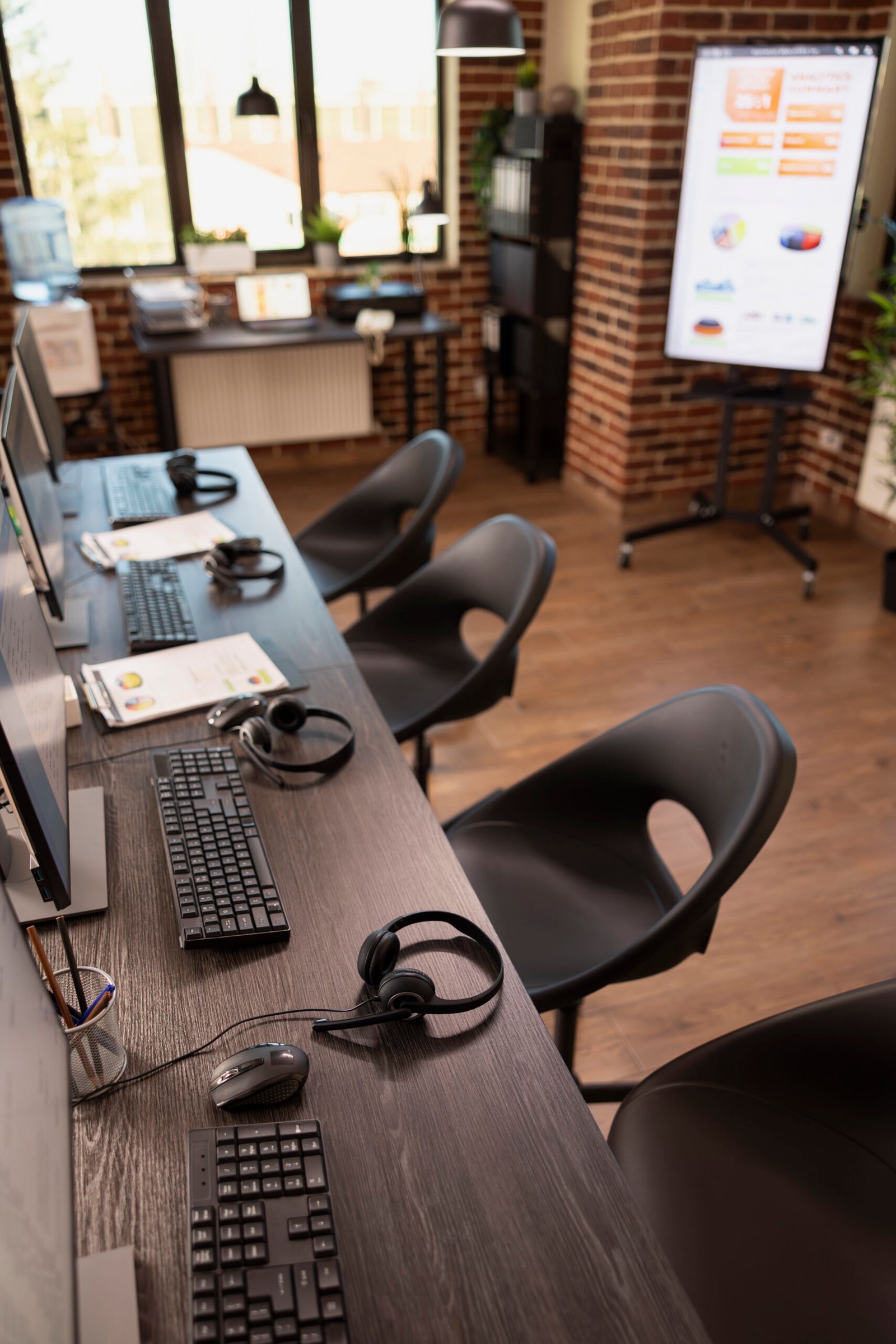 Modern digital PABX phones on office desks with employees using headsets